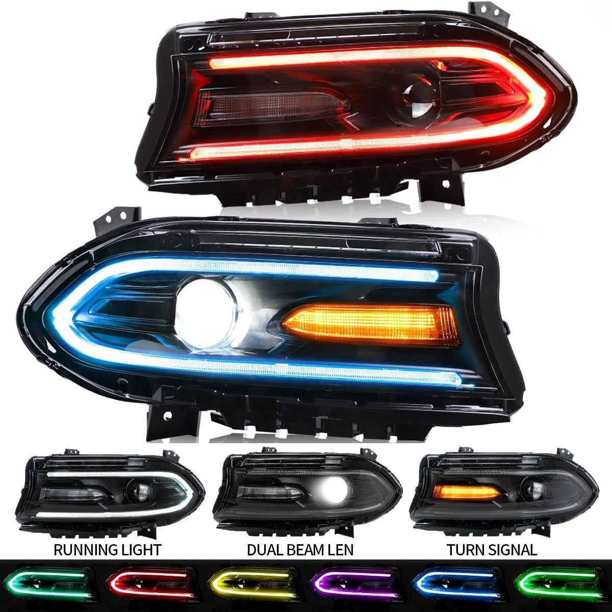LED Projector Headlights for Dodge Charger (2015–2021) L+R RGB Color Change