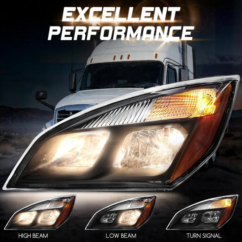 Set of 2 Halogen Black Headlights Assembly for Freightliner Cascadia (2018–2024)