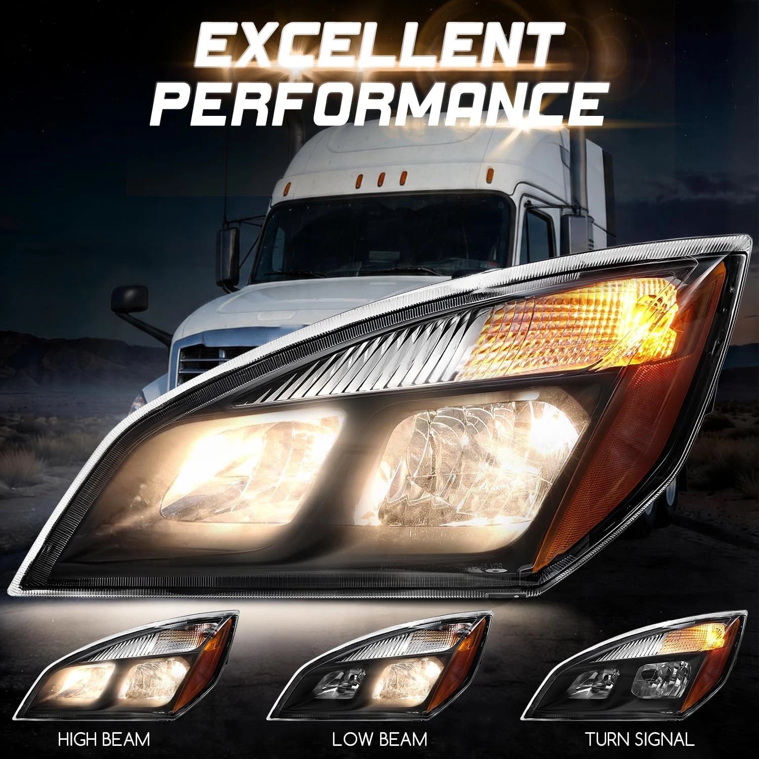 Set of 2 Halogen Black Headlights Assembly for Freightliner Cascadia (2018–2024)