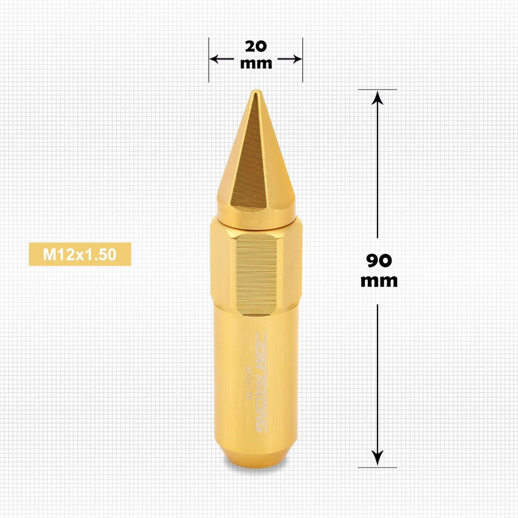 Set of 20 M12X1.5 Gold JDM Hex Spiked Cap Wheel Lug Nuts + 20mm Extension
