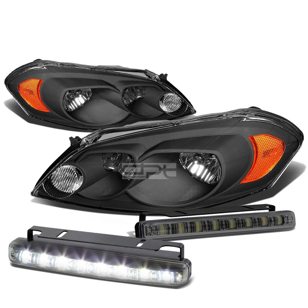 Black Housing Clear Headlight + Amber Corner + LED Fog Light Set for Impala (2006–2016)