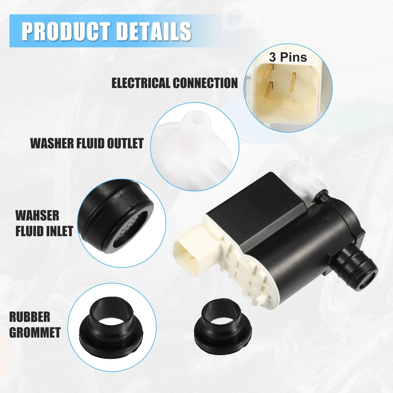 Windshield Washer Motor Pump with Grommet for Hyundai Veloster (2012–2017) 98510-2V100