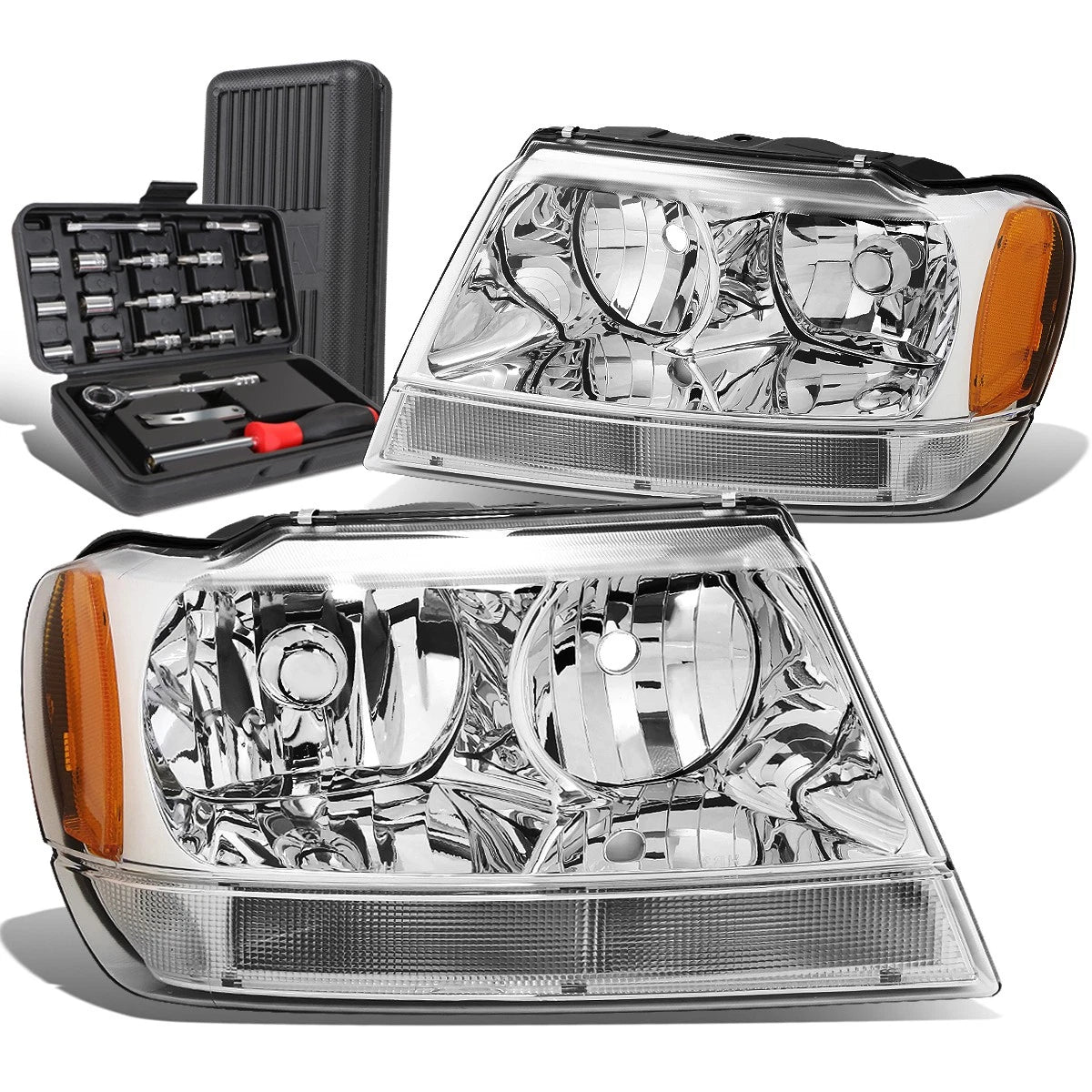 Pair of Chrome/Amber Signal Headlight Lamps for Jeep Grand Cherokee (1999–2004)