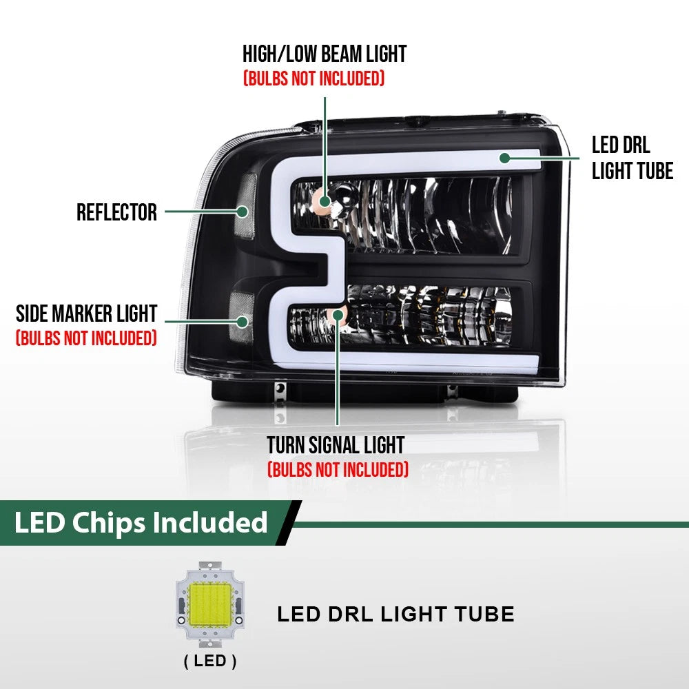Black LED DRL Headlights for Ford F250 F350 Super Duty (2005–2007)