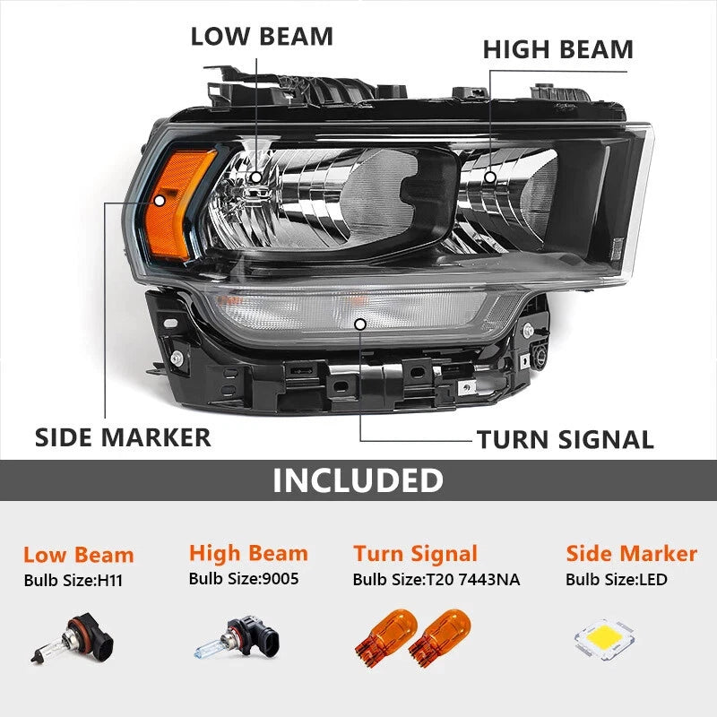 Halogen Headlight with Bulb for Ram 2500 3500 (2019–2024) Black Bezel