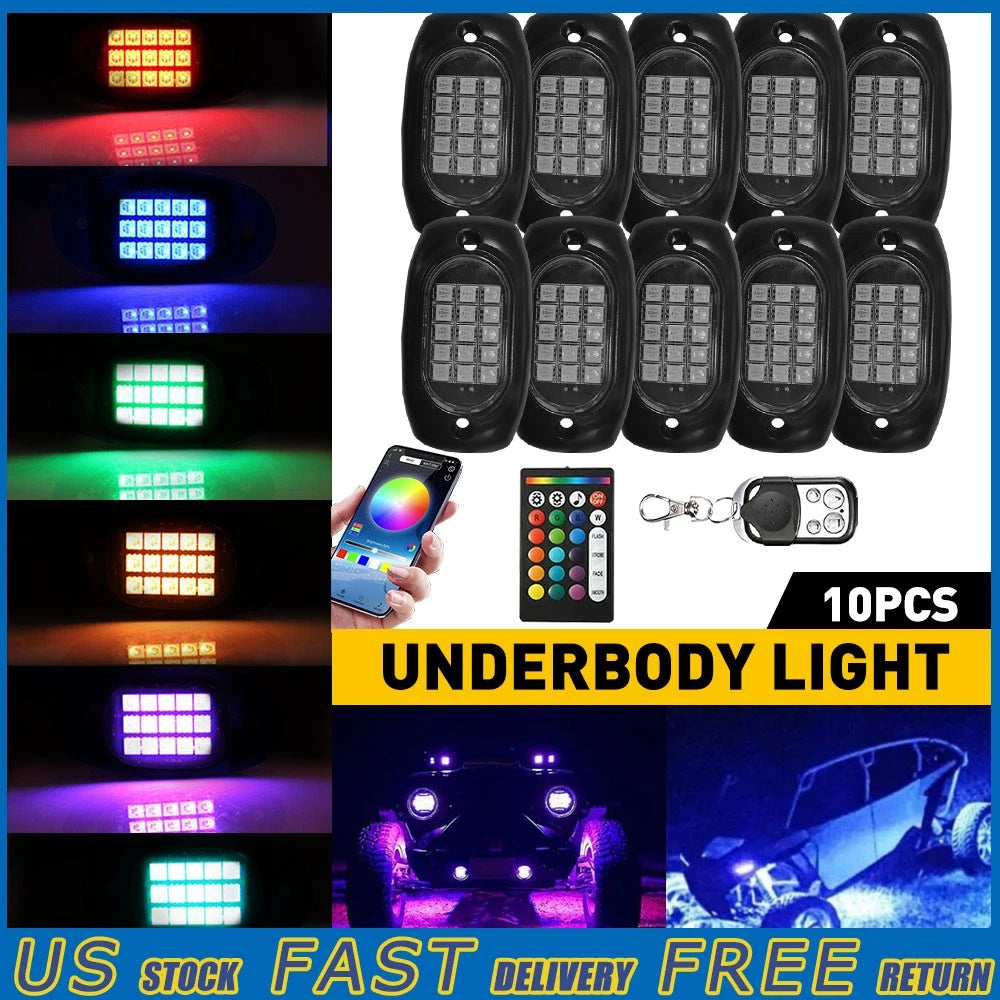Set of 10 RGB LED Rock Lights Kit with Bluetooth App Control