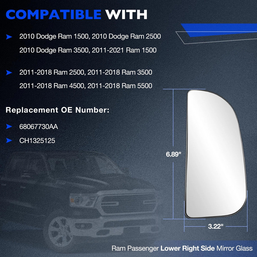 Passenger Side Mirror Glass with Holder for RAM 1500 (2010-2020)
