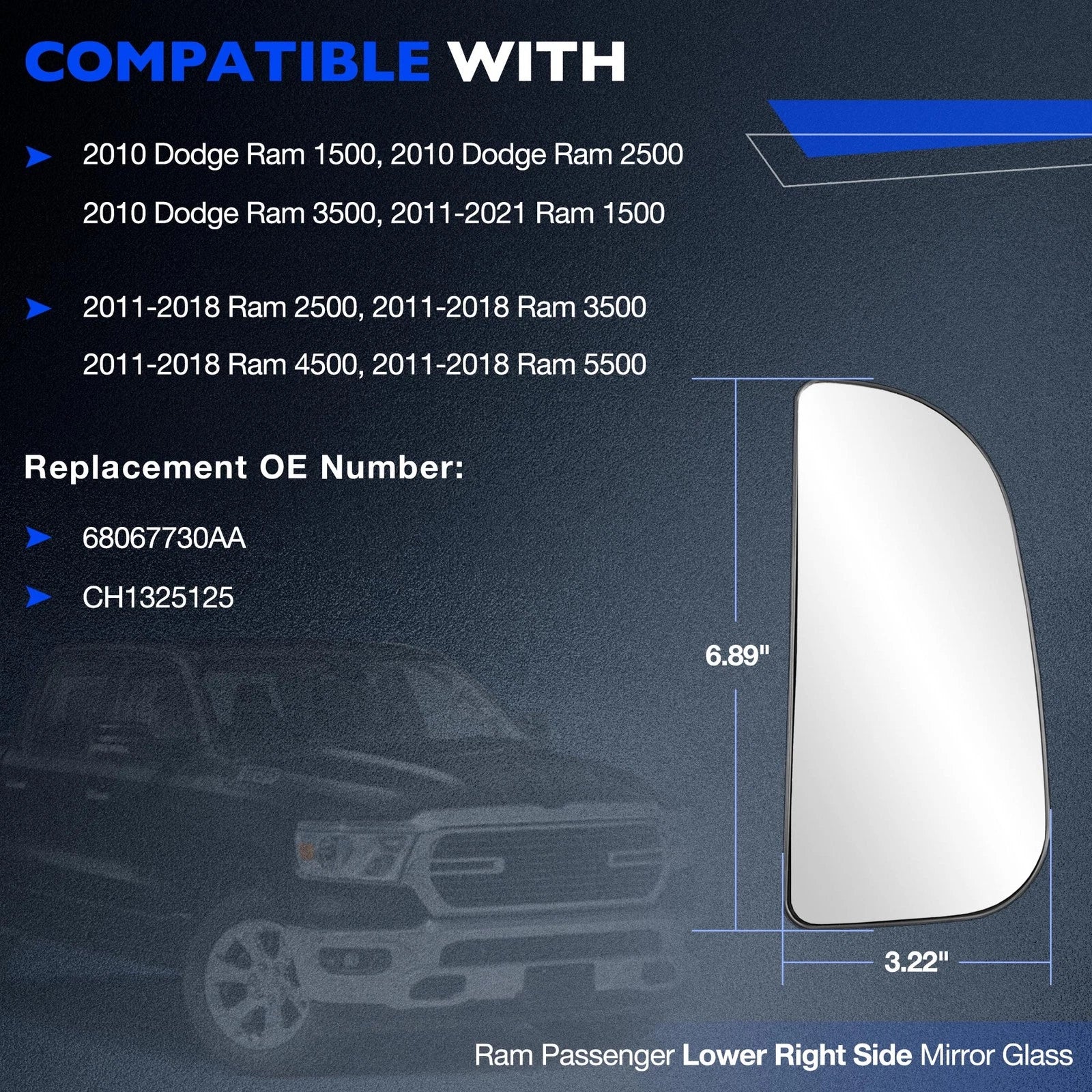 Passenger Side Mirror Glass with Holder for RAM 1500 (2010-2020)