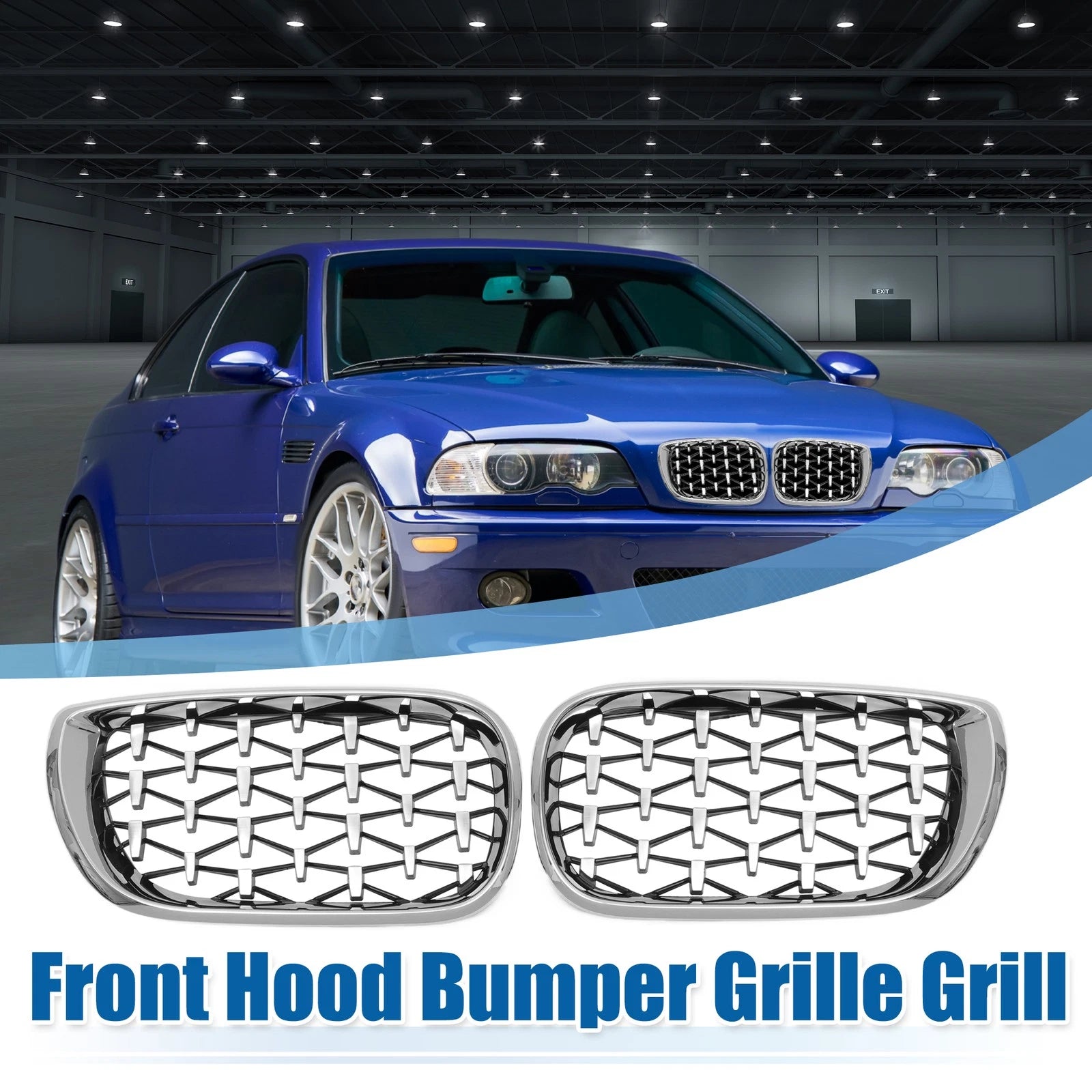 1 Pair Front Hood Bumper Grille for BMW 3 Series E46 (2002–2005) Silver Tone