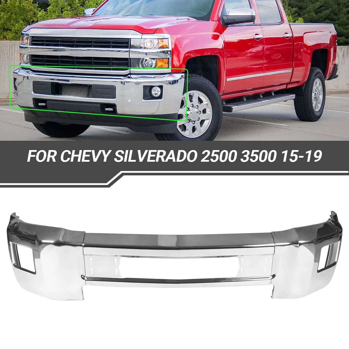 Chrome Front Bumper for Chevy Silverado 2500 HD (2015–2019) with Fog Light Holes