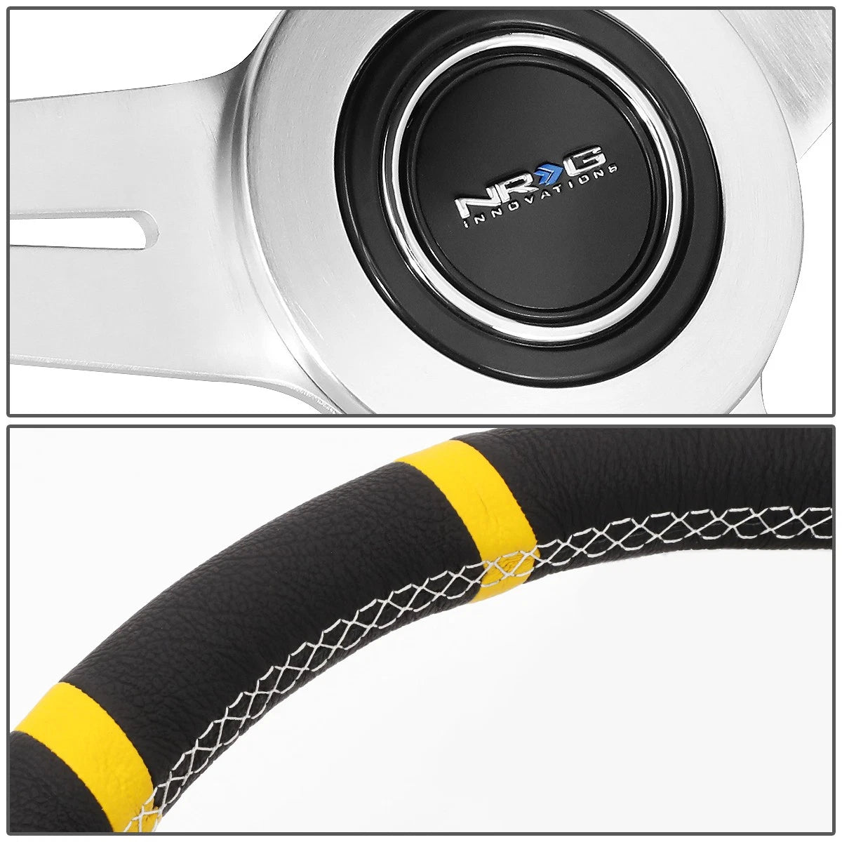 NRG 36cm Silver Spoke Leather Grip Steering Wheel for Universal Fit (2010–2023)