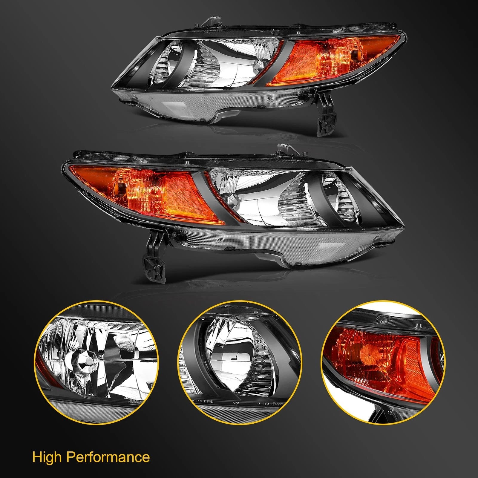 Set of 2 Headlight Assemblies for Honda Civic Coupe (2006–2011) Black Housing