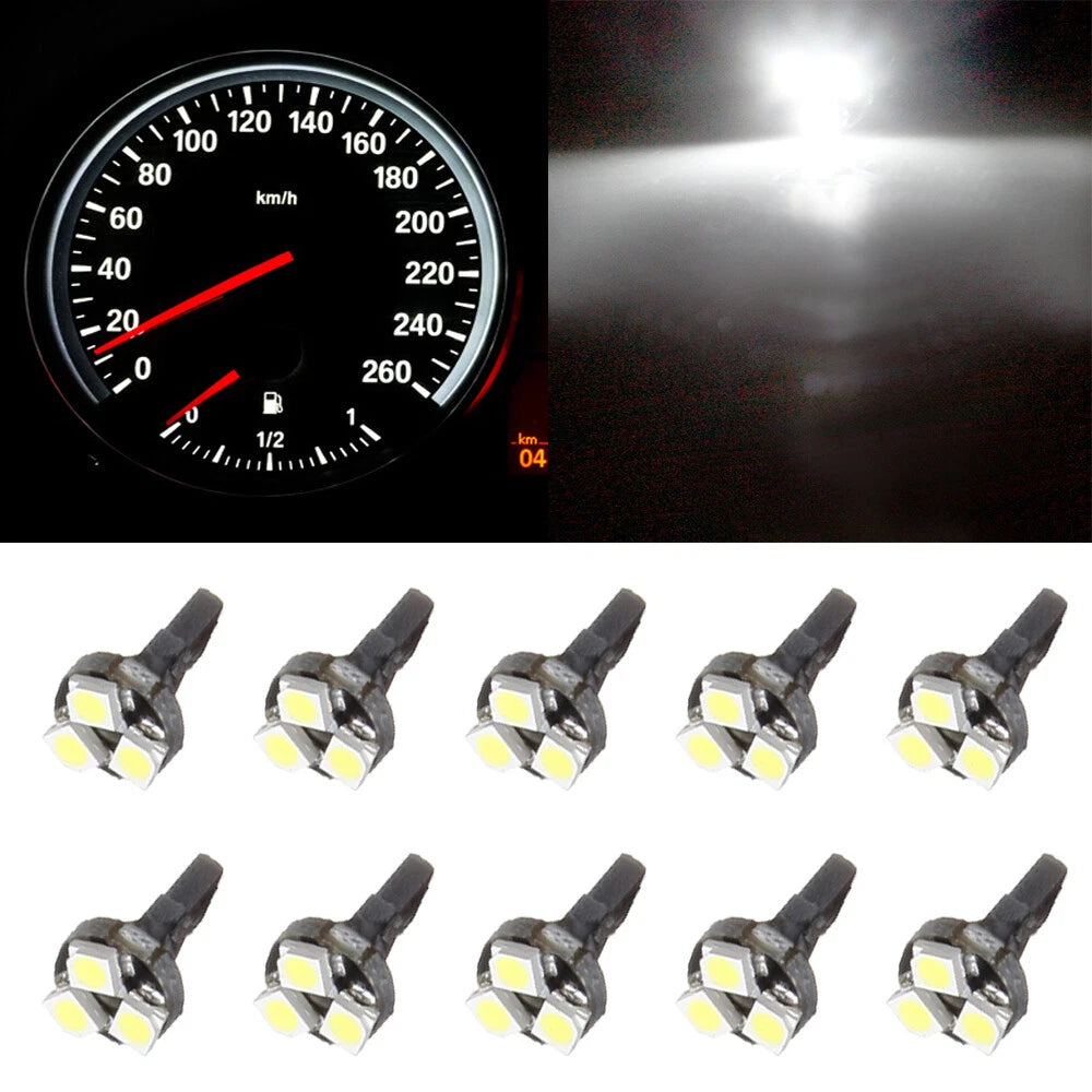 10Pcs White T5 Wedge 3-SMD LED Light Bulbs for Speedometer Gauge Cluster