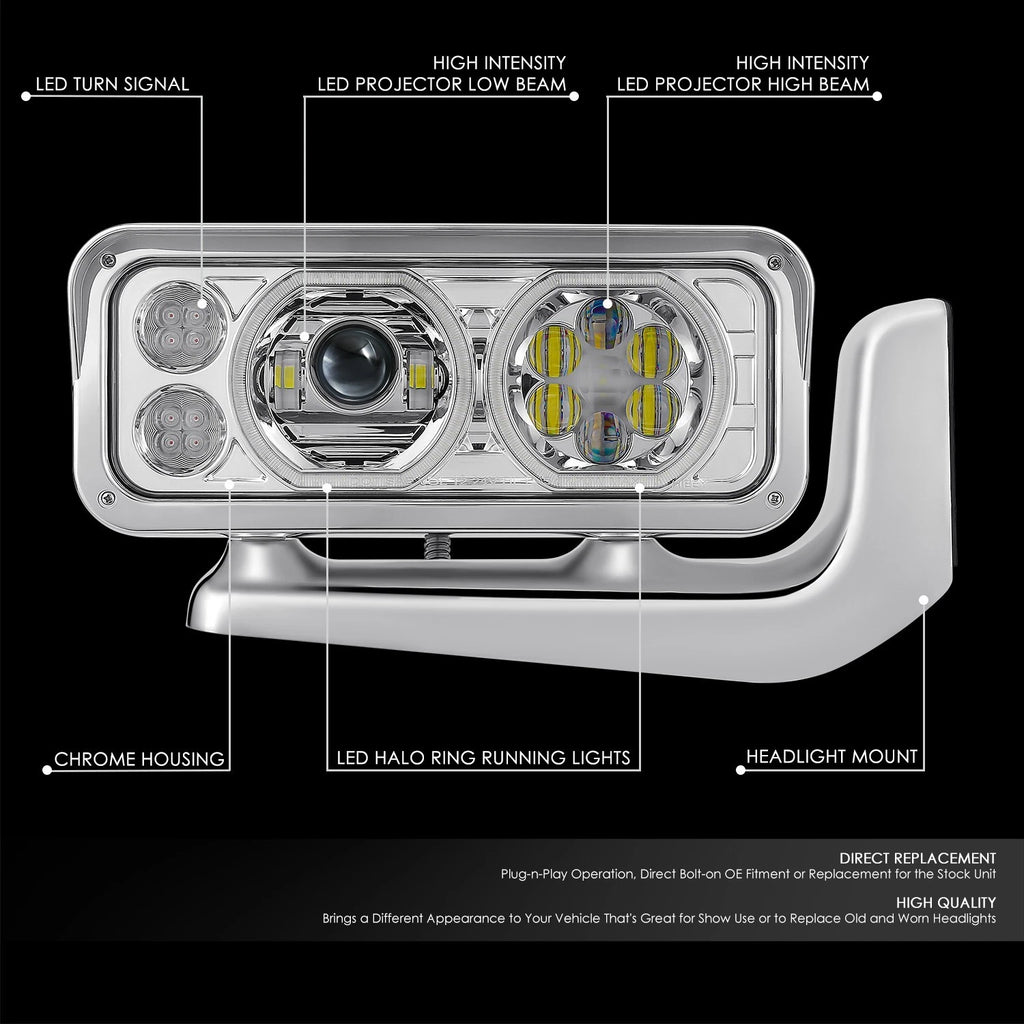 Projector LED Halo Ring Chrome Clear Headlight for Peterbilt 359 379 389 (1981–2021)
