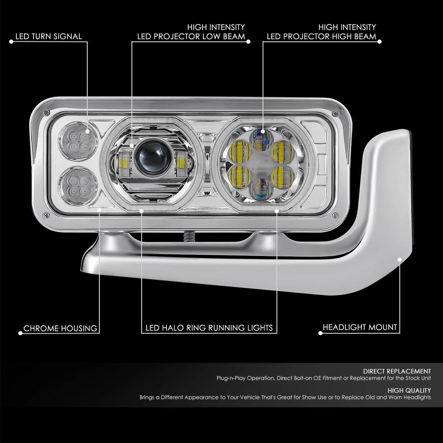 Projector LED Halo Ring Chrome Clear Headlight for Peterbilt 359 379 389 (1981–2021)