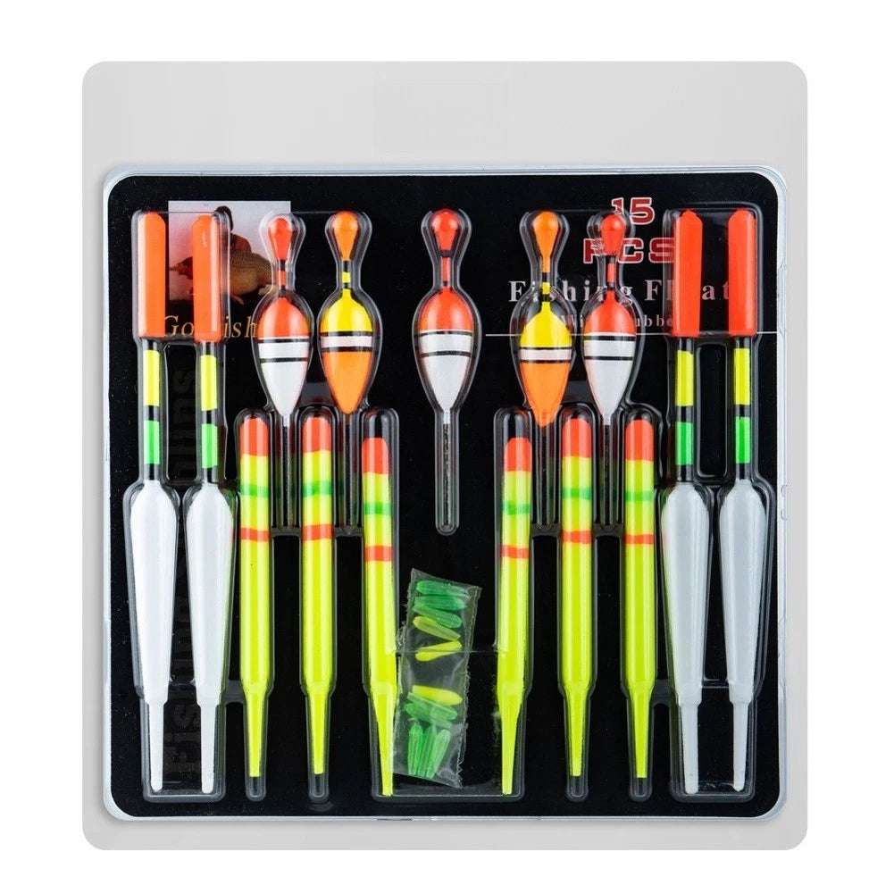 15 Piece Set of Fishing Floats Bobbers for Various Fishing Applications