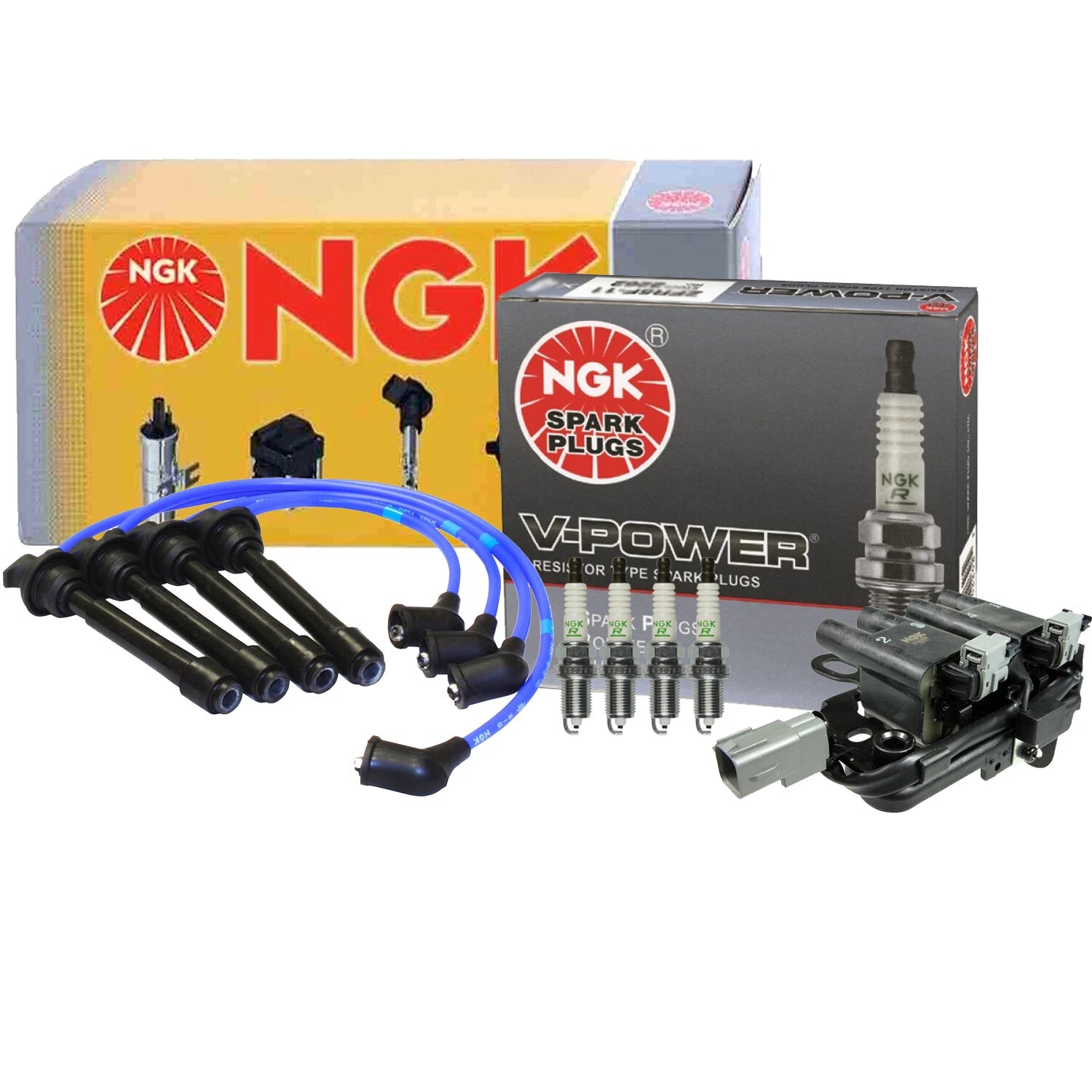 NGK DIS Ignition Coil Wires & 4 V-Power Spark Plugs for Hyundai Kia