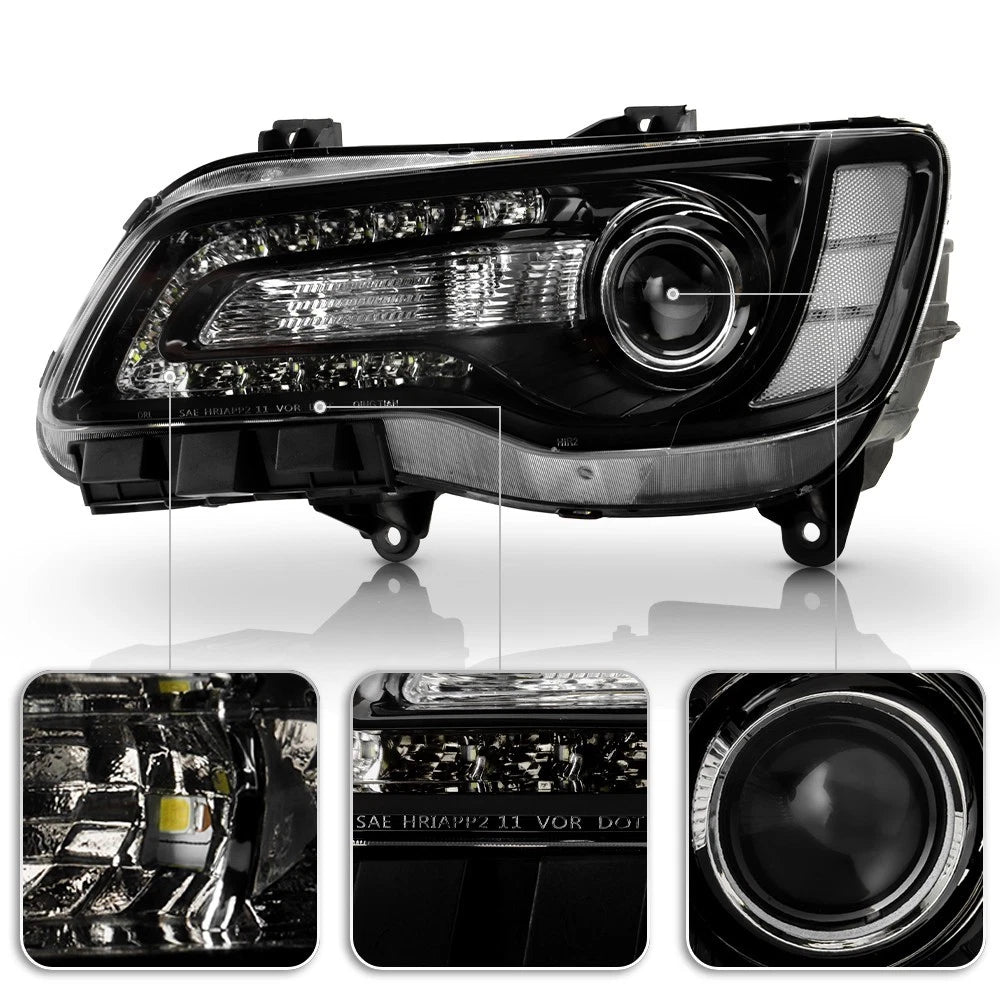 Black Halogen Headlight LED DRL Projector for Chrysler 300 (2015–2023)