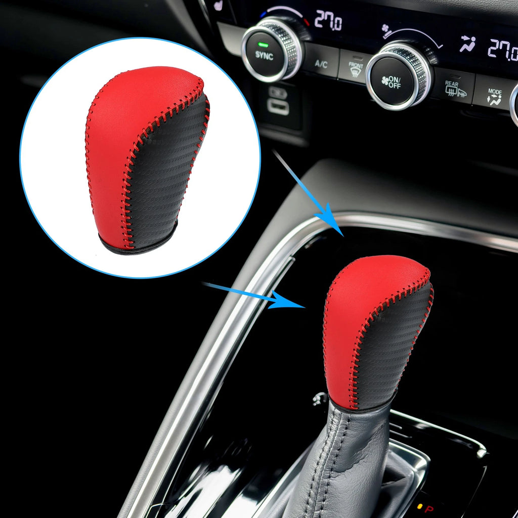 Leather Gear Shift Knob Cover for Honda Civic (Carbon Fiber, Red)