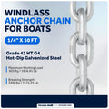 1/4" x 50' Anchor Chain for Boat (Grade 43 HT G4 Galvanized Steel)