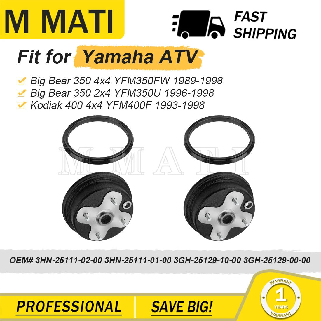 2X Front Wheel Brake Drum & Dust Seal for Yamaha Big Bear 350 (1989–1998)
