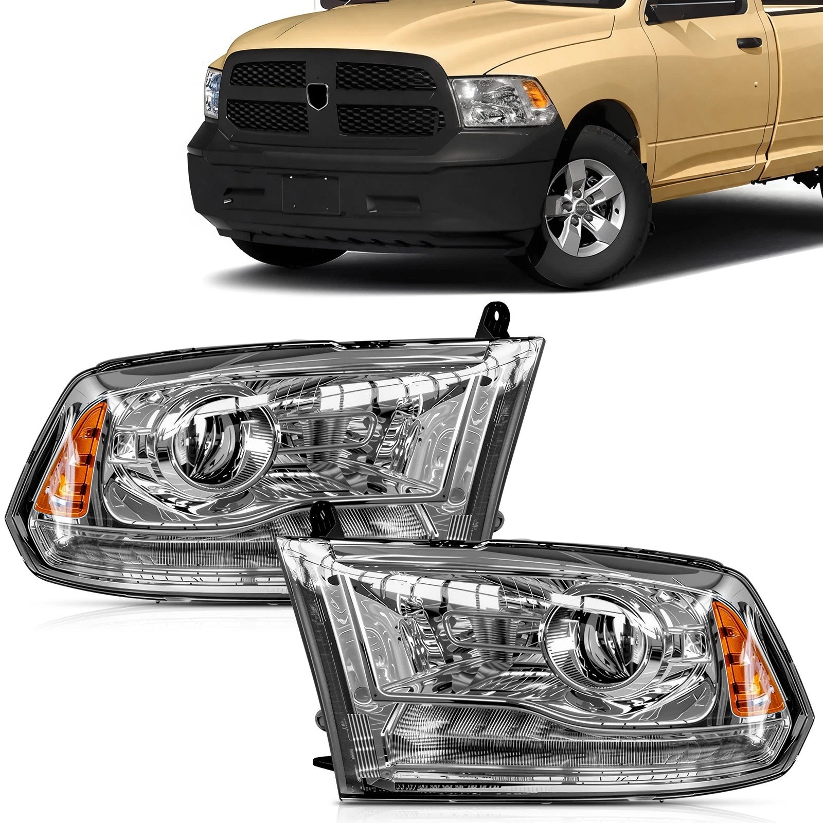 Pair Headlights for Ram 1500 2500 3500 (2013–2018) Chrome LED DRL