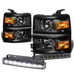 Black Projector Headlight + Amber Corner + LED Fog Light Set for Silverado (2014–2015)