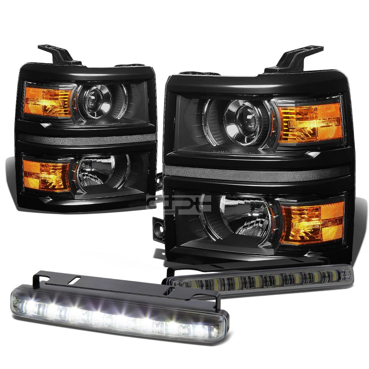Black Projector Headlight + Amber Corner + LED Fog Light Set for Silverado (2014–2015)