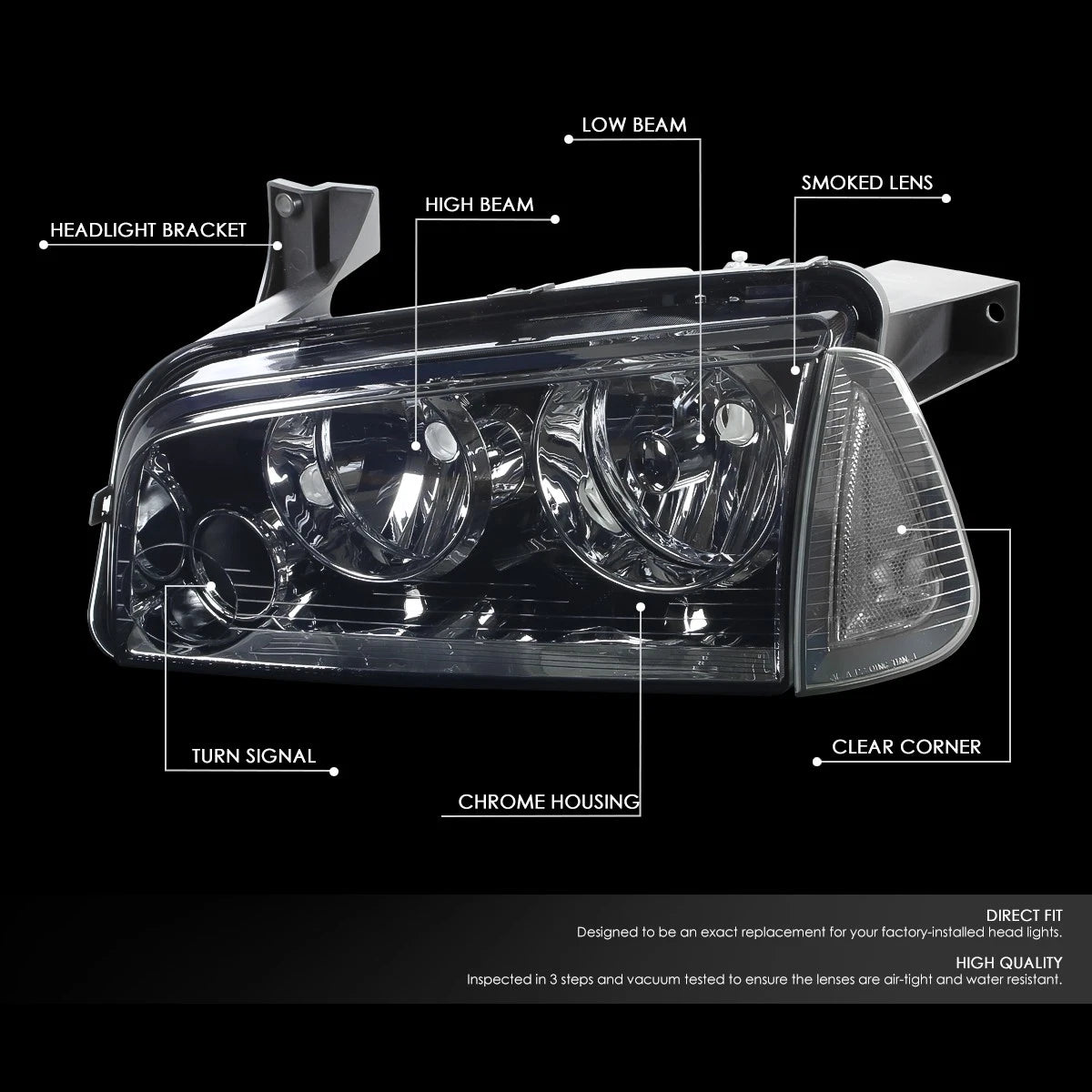 Set of 3 Smoked Headlight, Corner, LED Fog Light for Dodge Charger (2006–2010)