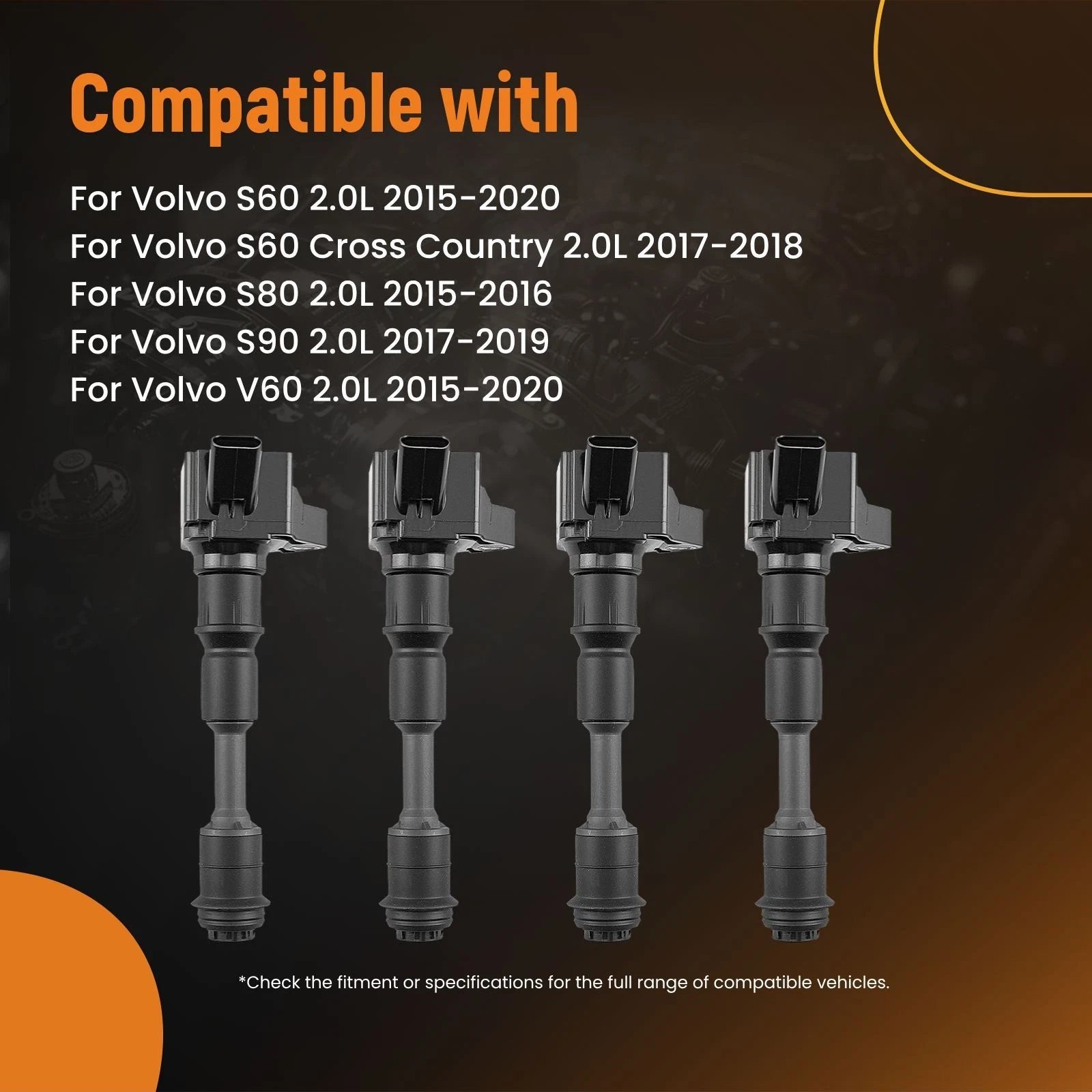 Set of 4 Ignition Coils for Volvo S60/V60/XC60/XC90 (2015–2020)