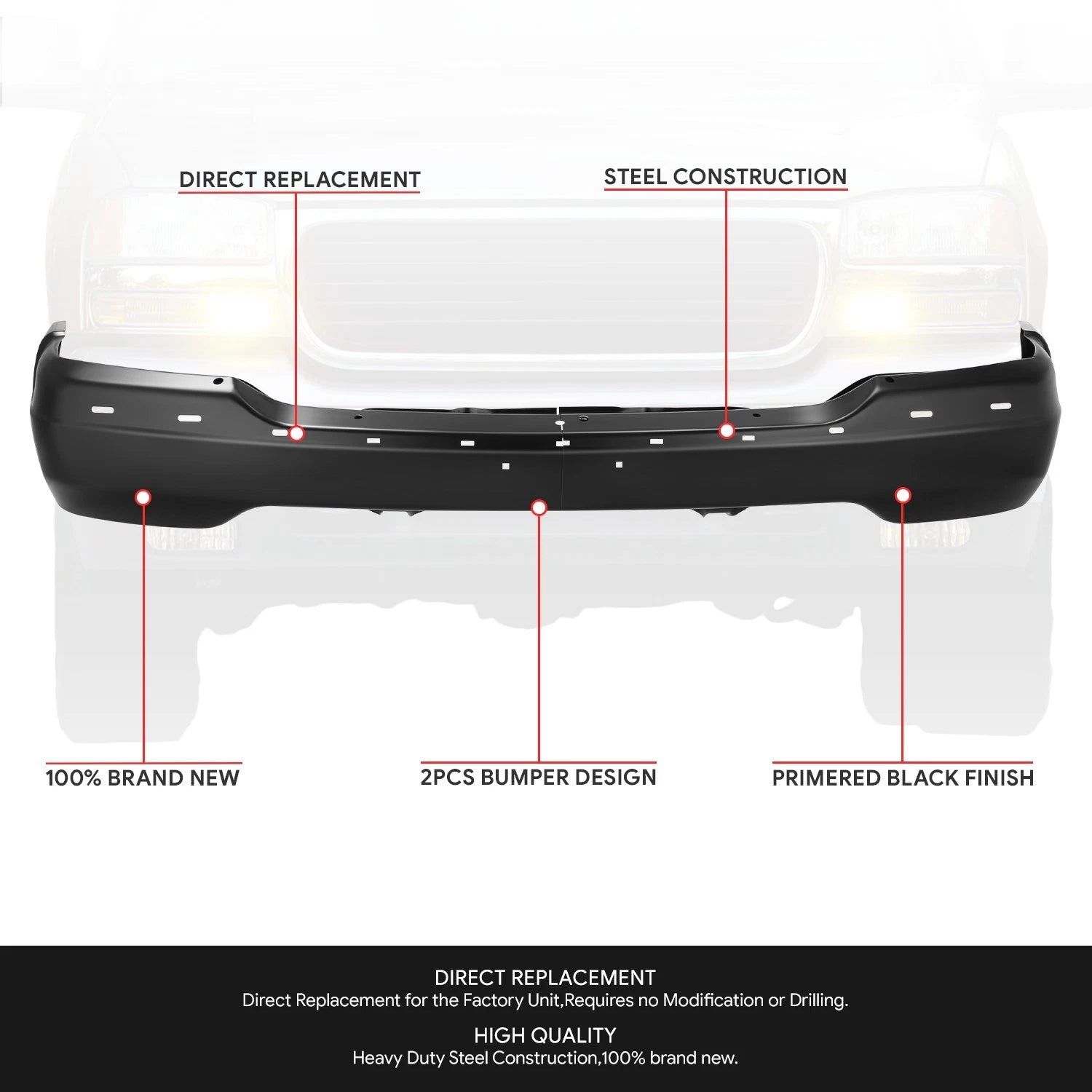 Front Bumper Face Bar for GMC Sierra Yukon (1999–2006) Black Steel