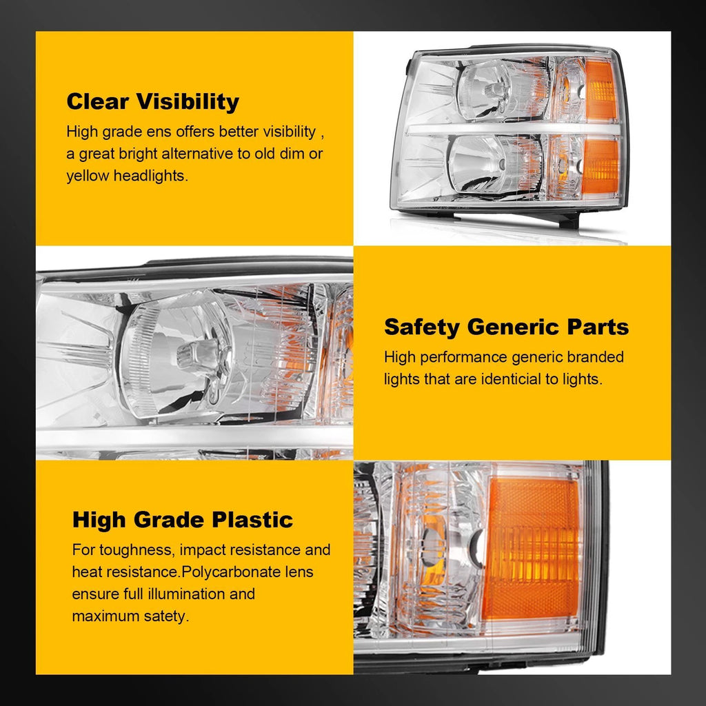 Chrome Headlights for Chevy Silverado 1500 2500HD 3500 HD (2007–2014)