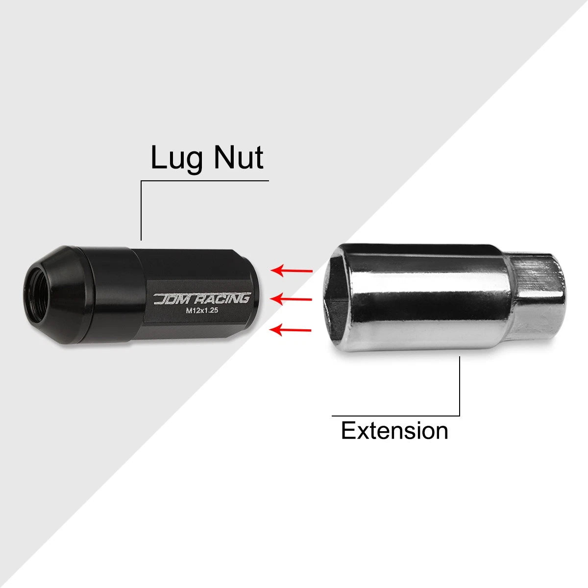 Set of 20 M12X1.25 Black JDM Cone Seat Hex Wheel Lug Nuts with Cap & Extension