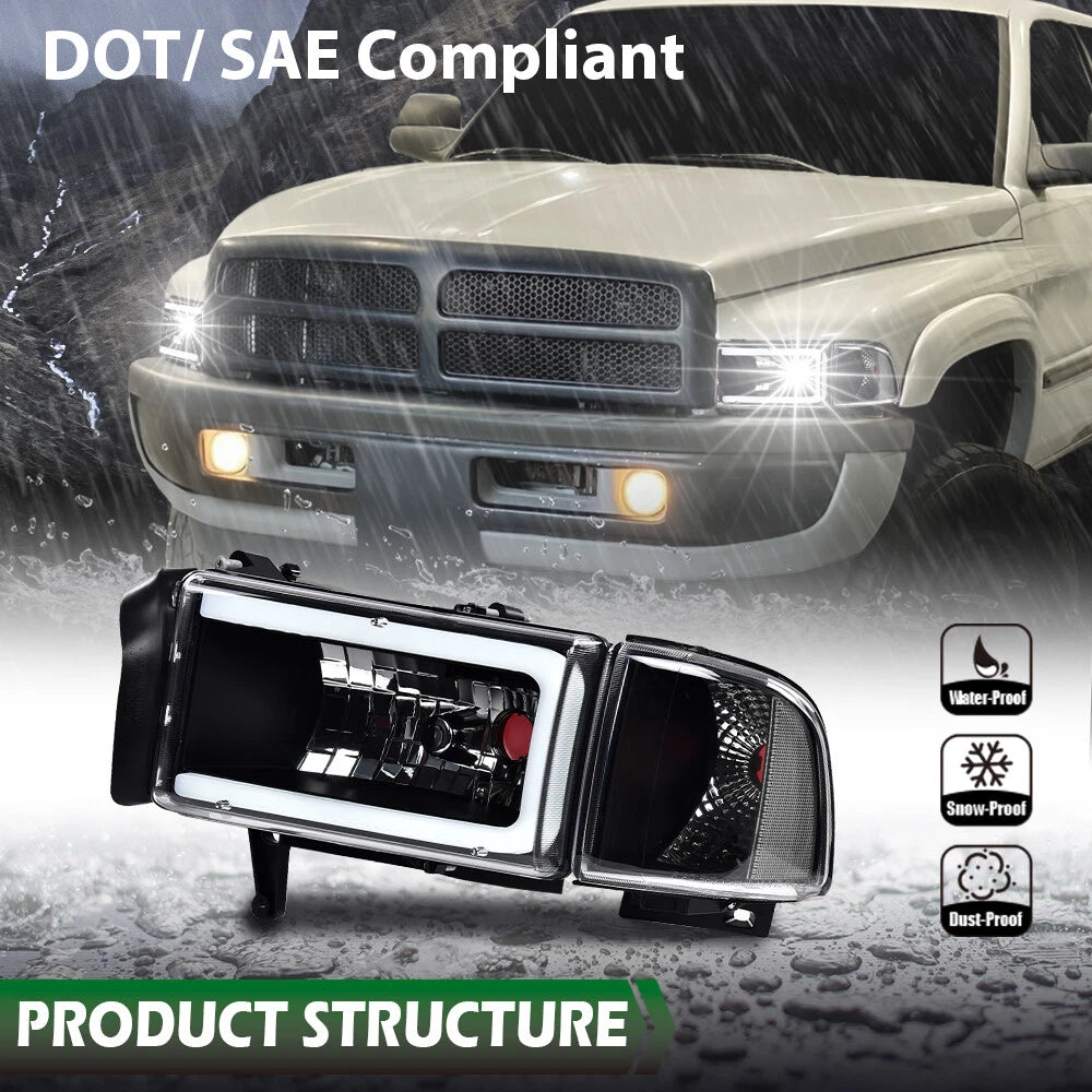 Clear Corner Black LED DRL Headlights for Dodge Ram 1500 2500 3500 (1994–2002)