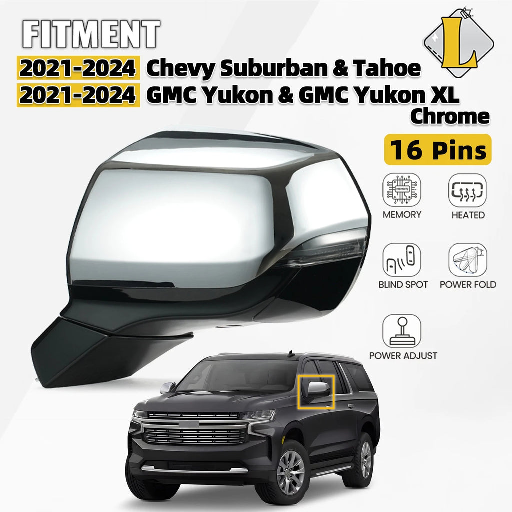 Side Mirror for Chevy Suburban Tahoe GMC Yukon (2021–2024) 16 Pins Chrome