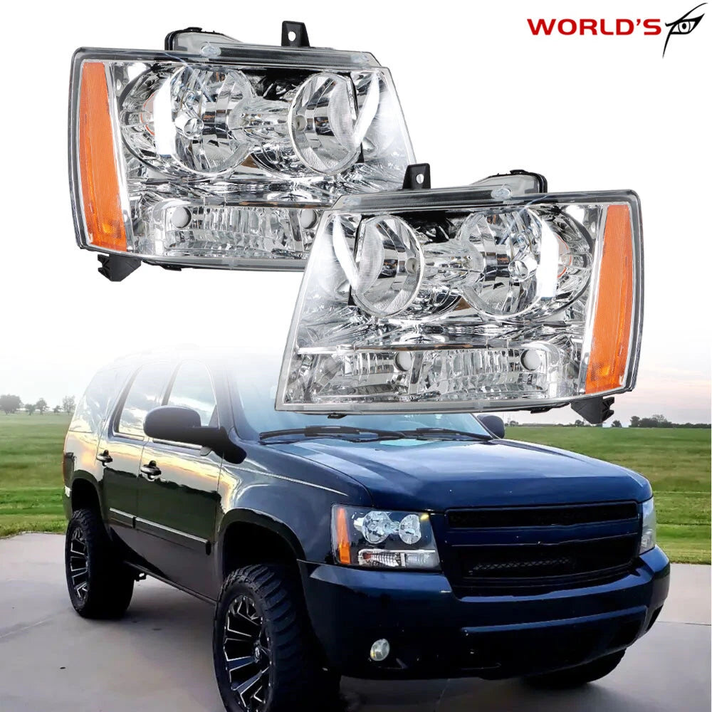 Set of 2 Headlights for Avalanche/Suburban/Tahoe (2007–2014) Chrome Amber