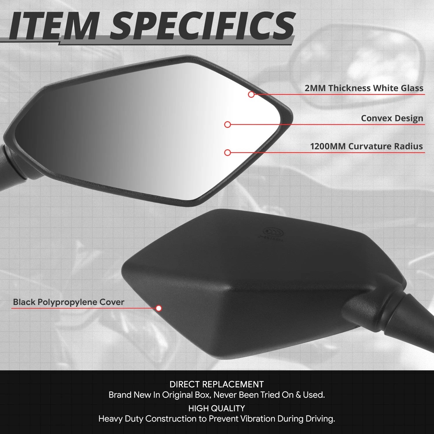 Universal ATV Rectangular Convex Side View Mirrors (Handlebar Mount)