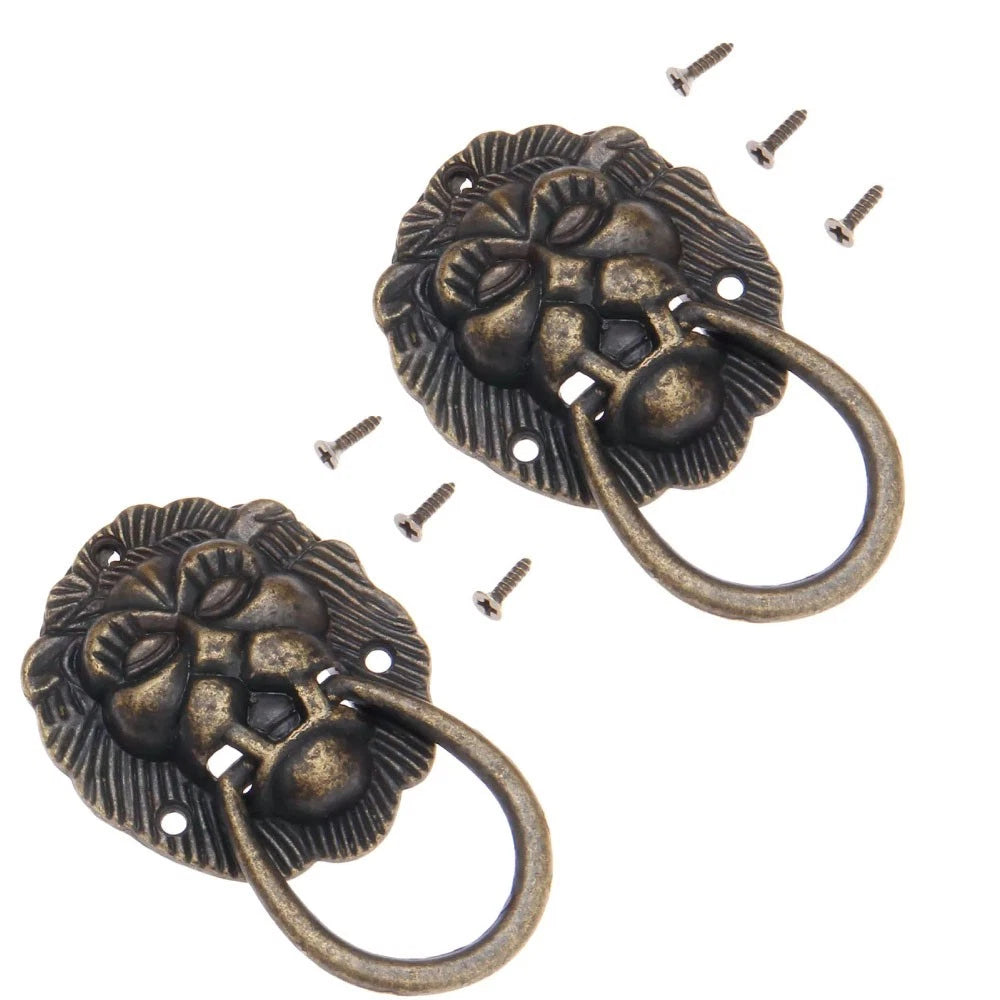 2Pcs Antique Bronze Lion Head Cabinet Knob Pull Handle 40x66mm