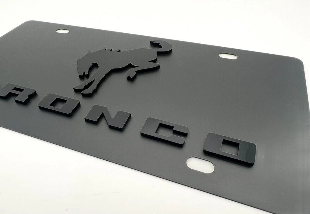 Metal License Plate Premium Black with 3D Bucking Ford Bronco Logo (1966–1975)