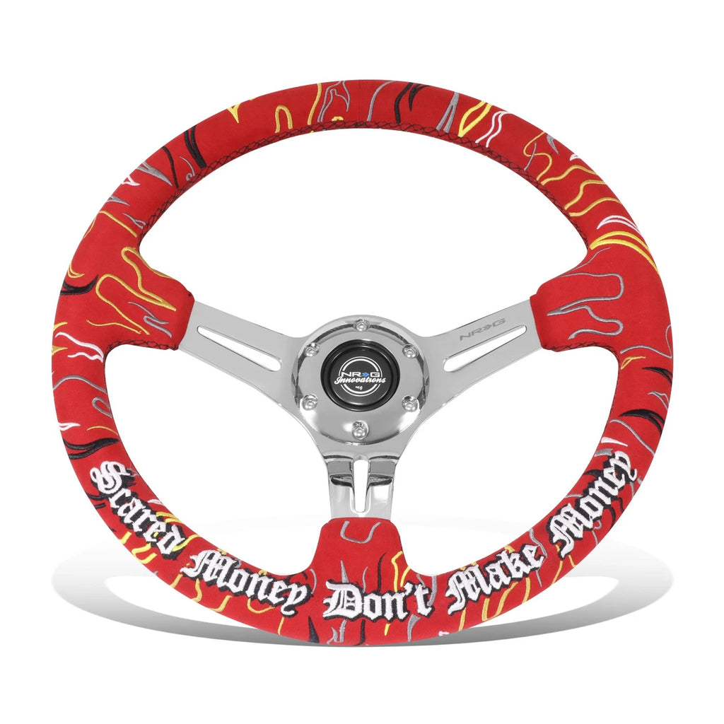 350mm 3" Dish Steering Wheel for NRG (3-Spoke, Red Suede, Chrome Spokes)