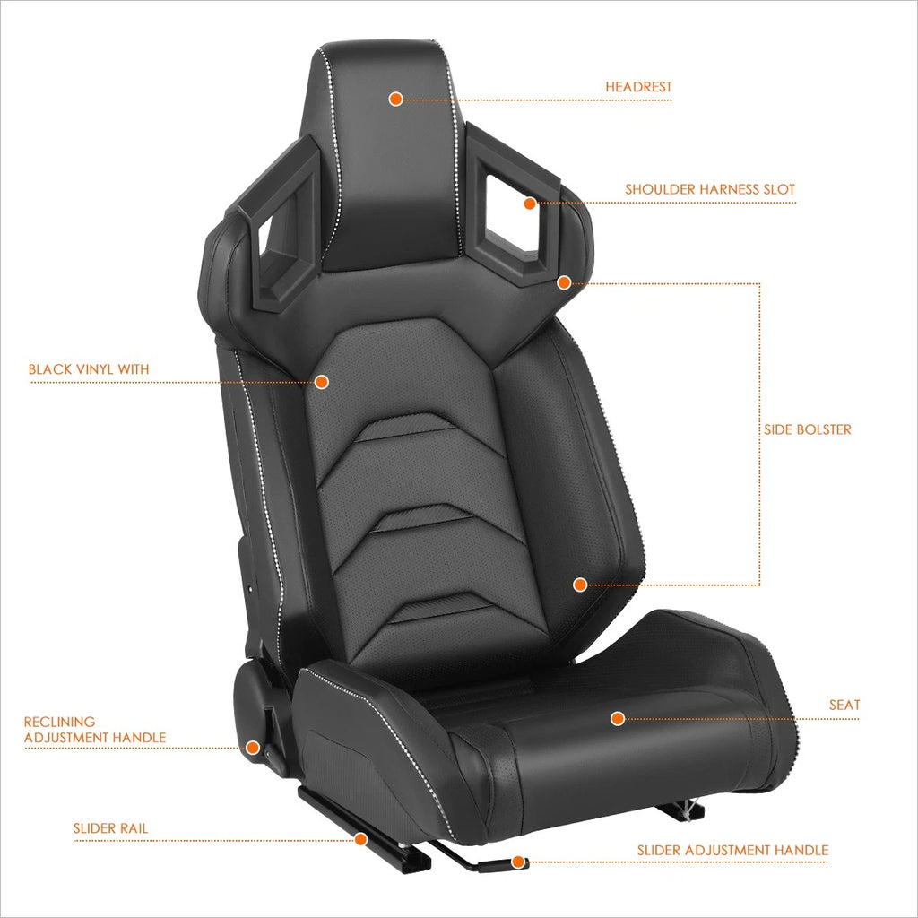 2Pcs Reclinable Racing Seats for Universal Fit (Vinyl Leather, Black Stitching)