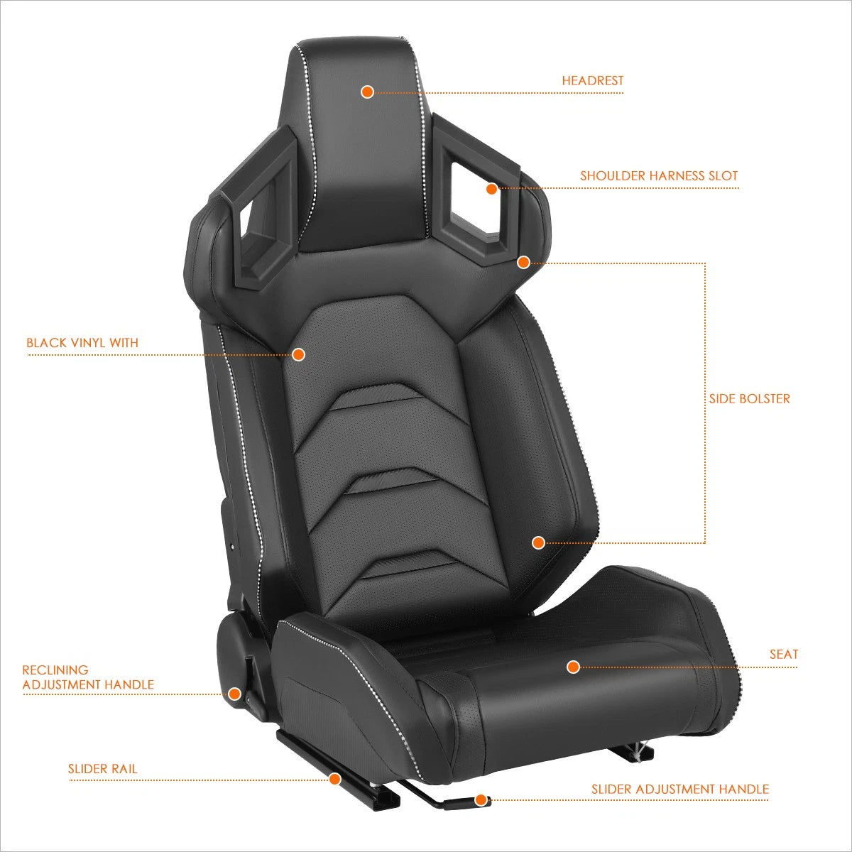 2Pcs Reclinable Racing Seats for Universal Fit (Vinyl Leather, Black Stitching)