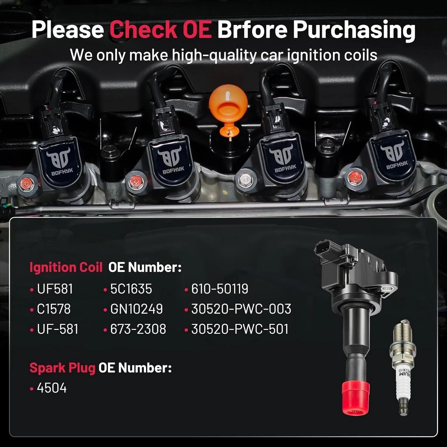 4 Pack Ignition Coils and Spark Plugs for 2006-2008 Honda Fit 1.5L L4