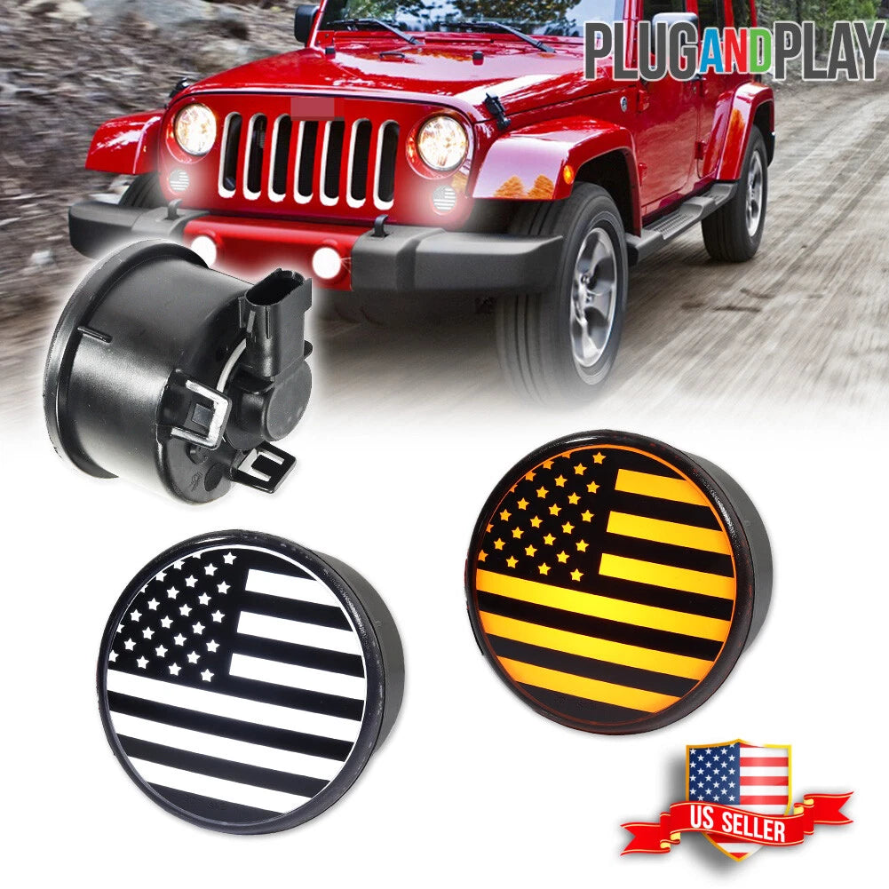 US Flag LED DRL Amber Signal Smoked Lights for Jeep Wrangler JK (2007–2018)