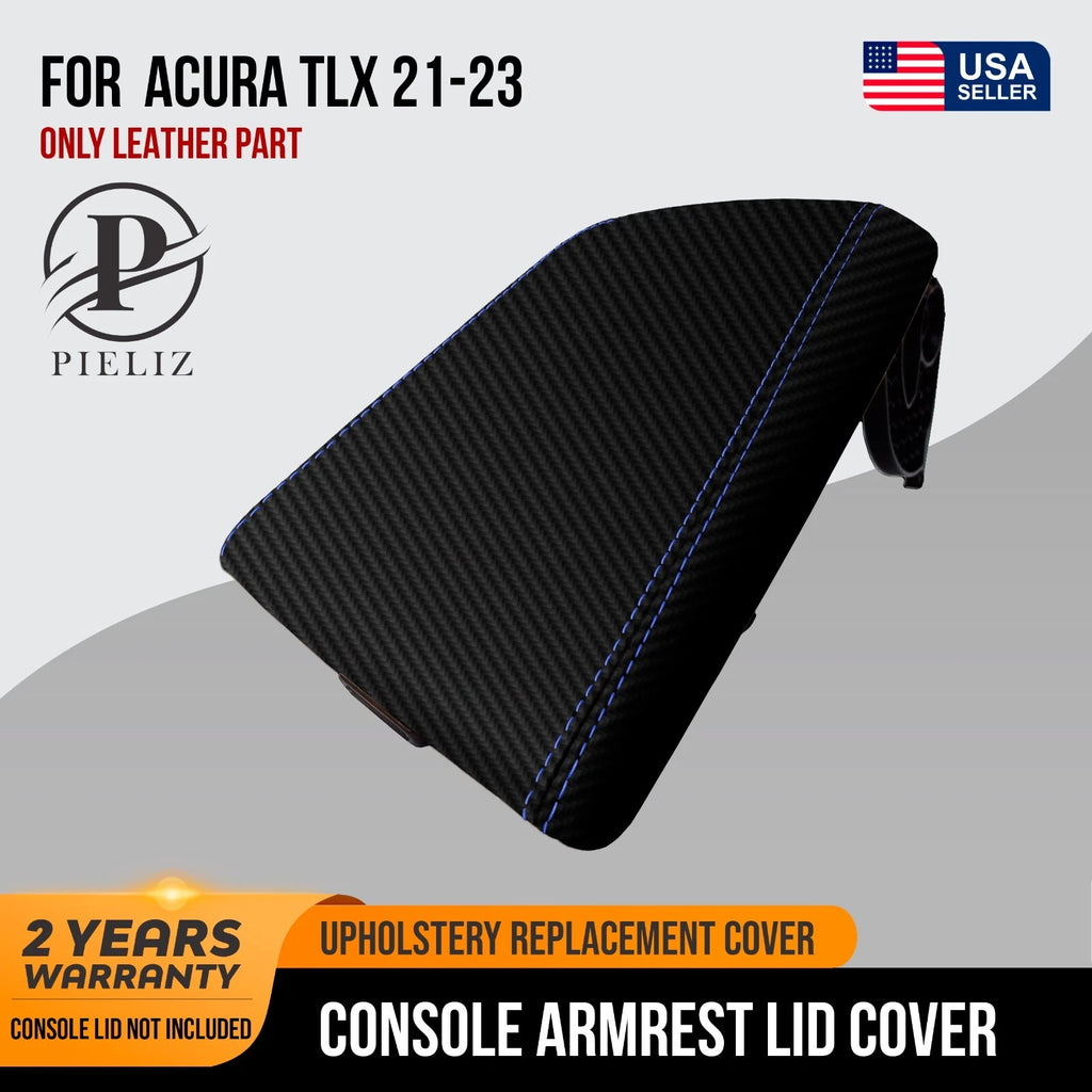 Console Lid Armrest Cover for Acura TLX (2021–2023) Blue Stitch PVC Carbon