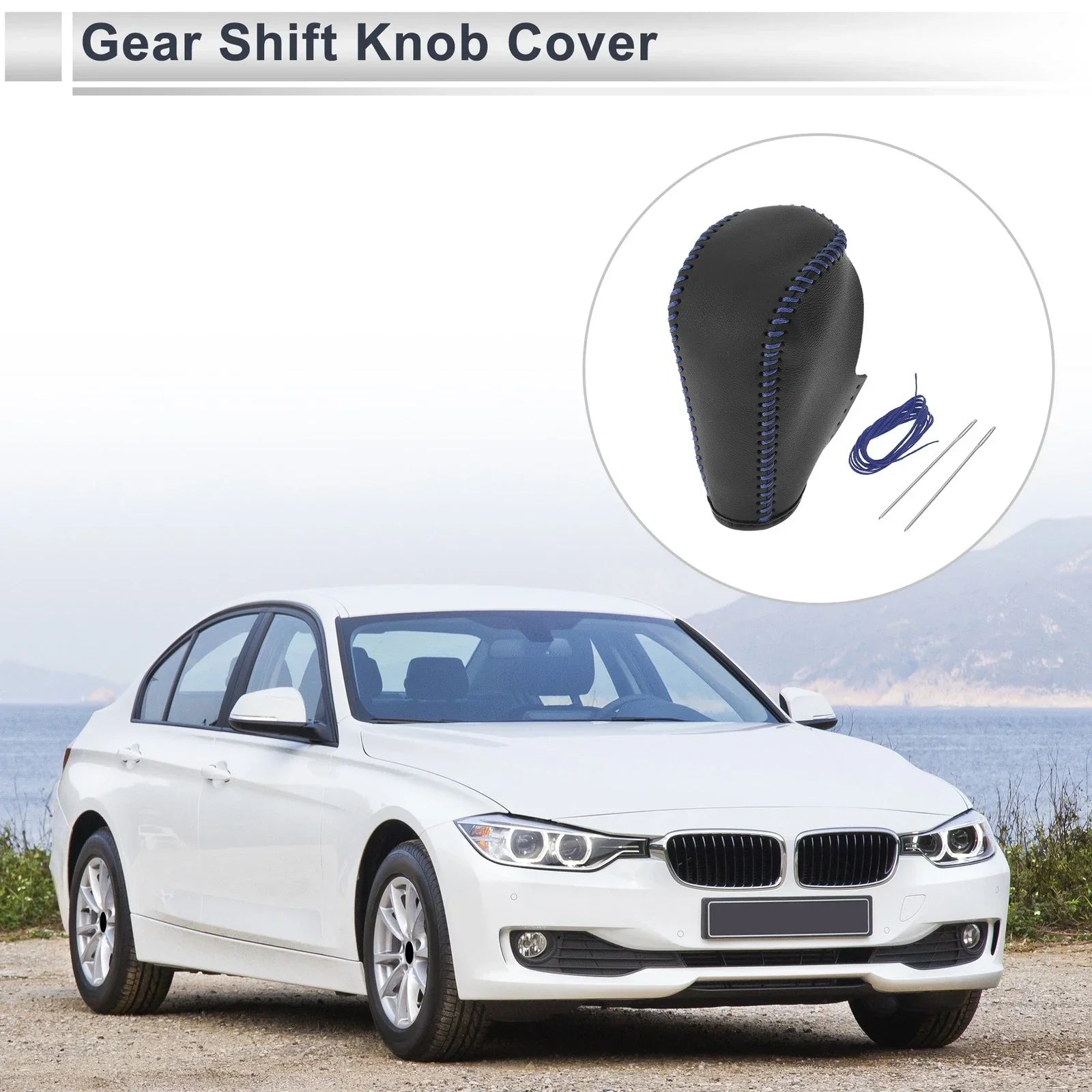 Gear Shift Knob Cover for BMW 3 Series Black Blue Faux Leather (2004 - 2012)