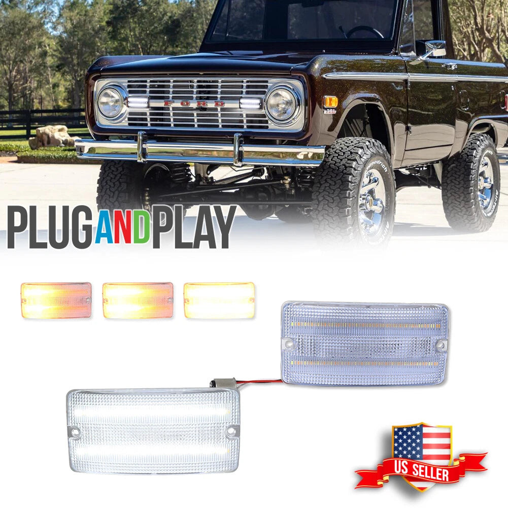 2X Clear Lens Switchback LED Parking Turn Signal Light for Ford Bronco (1969–1977)