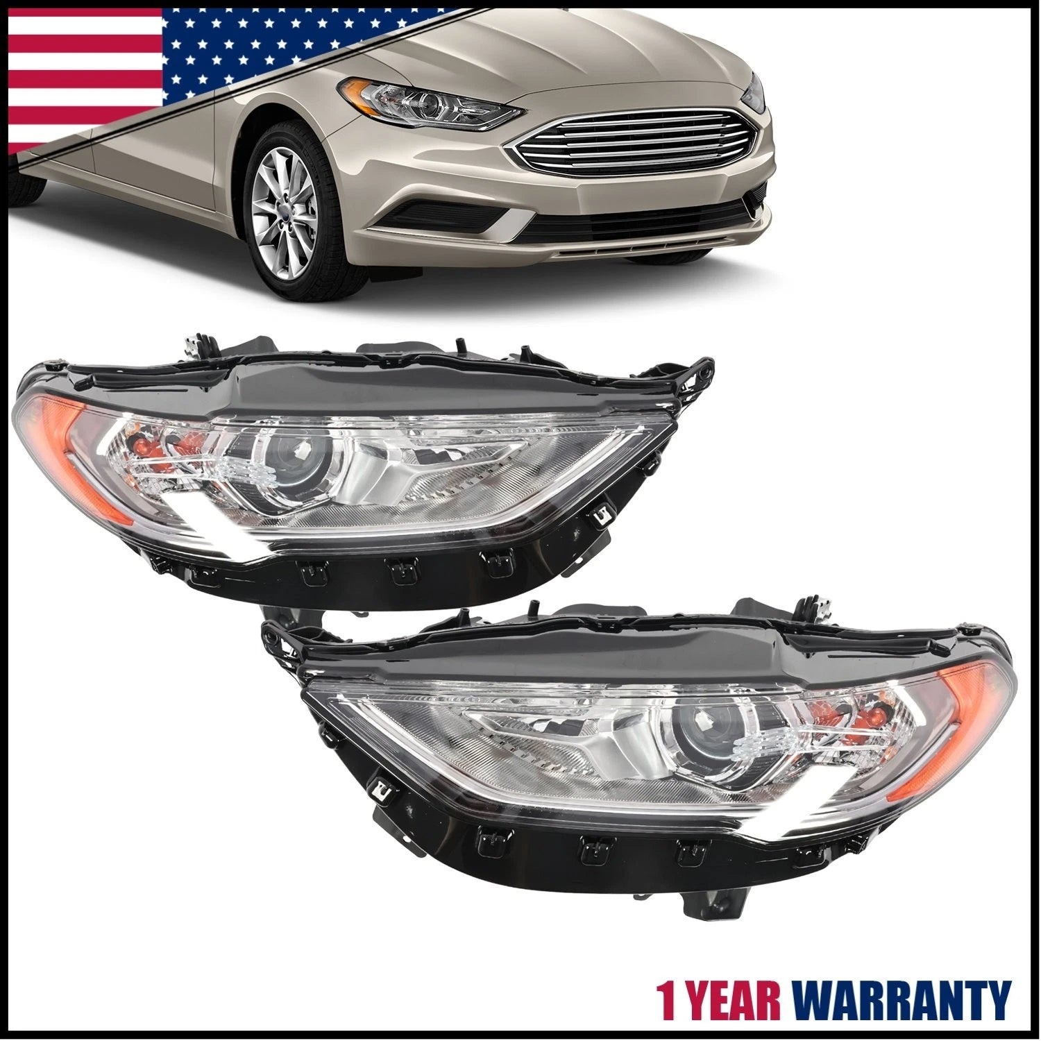 Headlight Set for Ford Fusion (2017–2020) Halogen w/o DRL Left+Right Pair