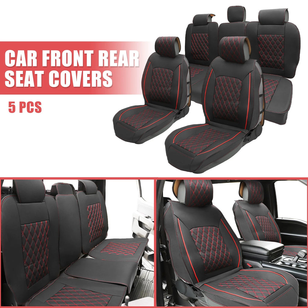 Set of 5 Front Rear Seat Covers Pads for Dodge Ram 1500 (2009–2023) Black Red