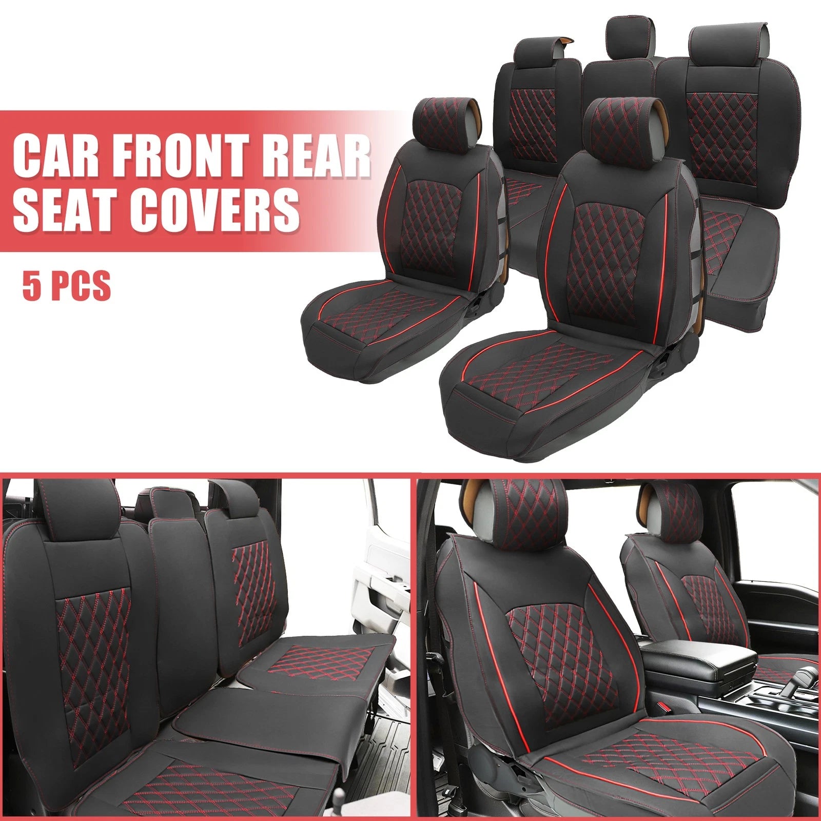 Set of 5 Front Rear Seat Covers Pads for Dodge Ram 1500 (2009–2023) Black Red